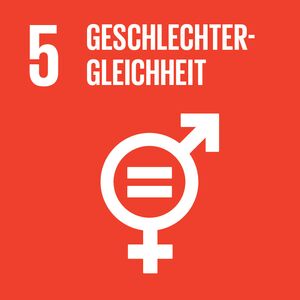 Ein rotes SDG-Icon zeigt das Symbol für Geschlechtergleichheit mit einer Kombination von männlichen und weiblichen Zeichen.