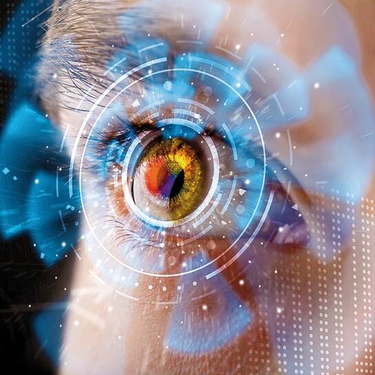 CBF-Venture Fund - BUSINESS - Futuristic eye A close-up of a human eye with digital holographic elements illustrating advanced ophthalmic technology.