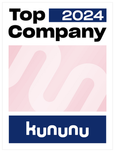 The Kununu Top Company 2024 seal features bold text and a stylish design in shades of blue and pink.