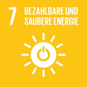 Gelbes Icon mit einer Sonne und der Aufschrift "Bezahlbare und saubere Energie" für SDG Ziel 7.