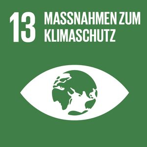 Grünes SDG-Icon mit der Aufschrift "Maßnahmen zum Klimaschutz" zeigt eine Weltkugel in einem stilisierten Auge.