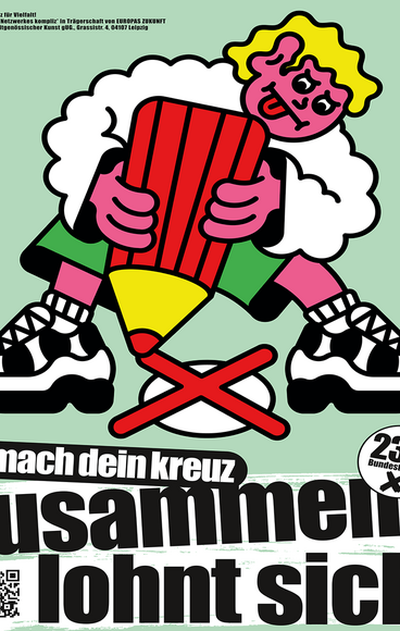 A colorful cartoon figure marks a red X with a large pencil, promoting participation in the 2025 Bundestag elections.
