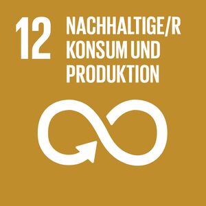Eine goldene Grafik zeigt das Symbol für nachhaltigen Konsum und Produktion mit einer Unendlichkeitsschleife.