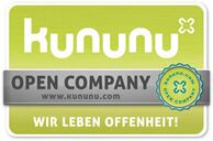 The image features a green and silver badge with the text "kununu Open Company" highlighting transparency and openness.