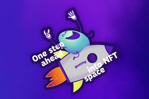 A cheerful character rides a rocket labeled "gummy," with text "One step ahead into NFT space" on a vibrant purple background.