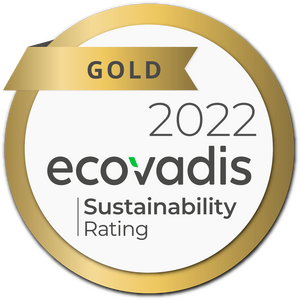 The image shows a gold EcoVadis sustainability rating logo for 2022, highlighting environmental excellence.