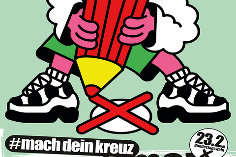 Ein bunter Cartoon-Charakter zeichnet ein rotes Kreuz auf einem Wahlzettel mit dem Slogan "mach dein kreuz".
