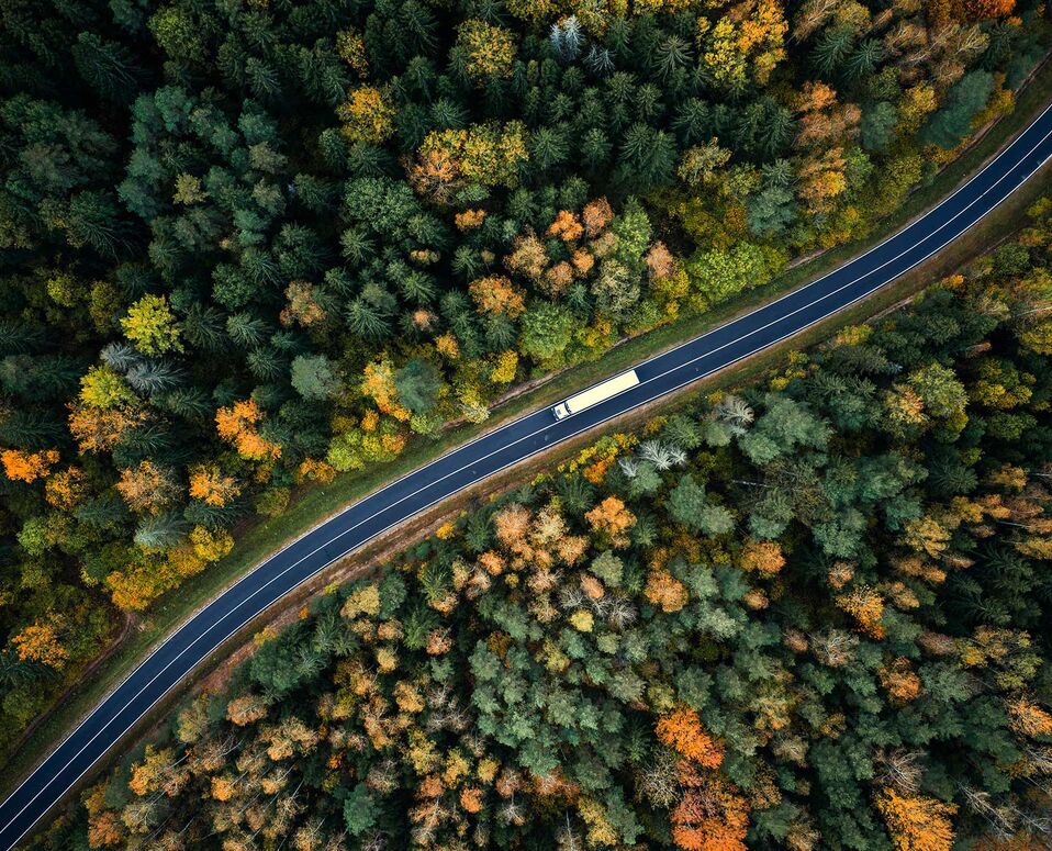 Ein Lastwagen fährt auf einer kurvigen Straße durch einen herbstlichen Wald voller bunter Bäume.