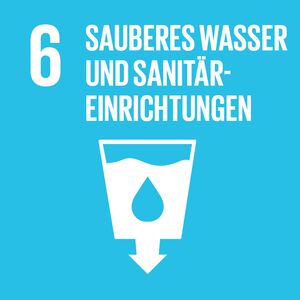 SDG-Icon 6 zeigt ein Wasserglas mit Tropfen, das sauberes Wasser und sanitäre Einrichtungen symbolisiert.