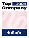 The Kununu Top Company 2024 seal features bold text and a stylish design in shades of blue and pink.