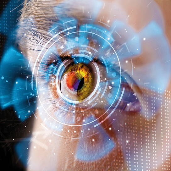 Ein menschliches Auge wird von futuristischen, digitalen Elementen umgeben, die ophthalmische Technologie symbolisieren.