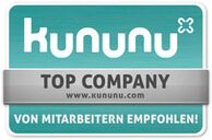 A teal and silver badge displays "Kununu Top Company," highlighting employee recommendations.
