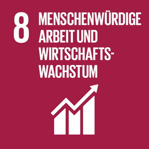 Das Icon zeigt das Ziel 8: Menschenwürdige Arbeit und Wirtschaftswachstum, mit einem steigenden Pfeildiagramm auf rotem Hintergrund.