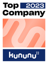 The image displays a "Top Company 2023" badge with the kununu logo on a modern, geometric background.