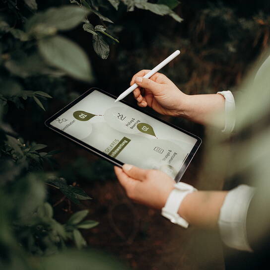 Eine Person verwendet einen Tablet-Stift, um Informationen zu Governance in einem grünen Gartenumfeld zu überprüfen.