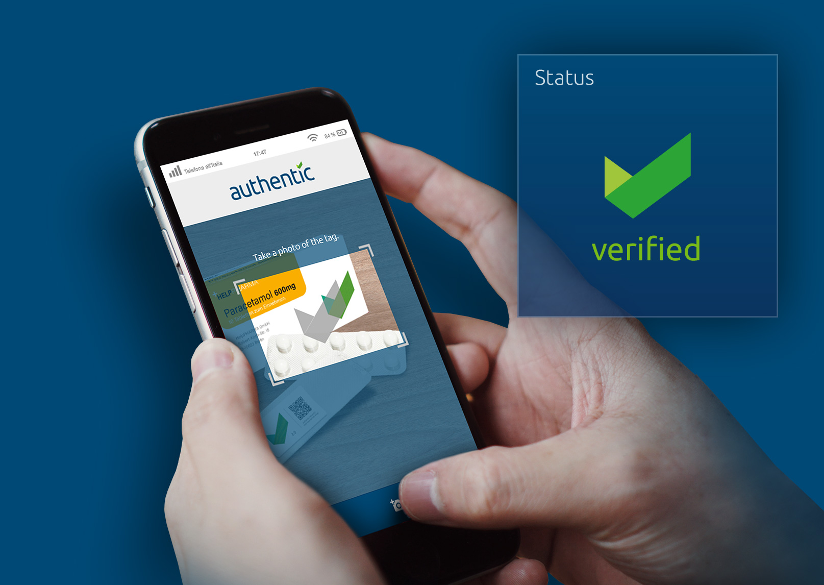 A person uses a smartphone app labeled "authentic" to verify a product's authenticity with a green checkmark indicating success.